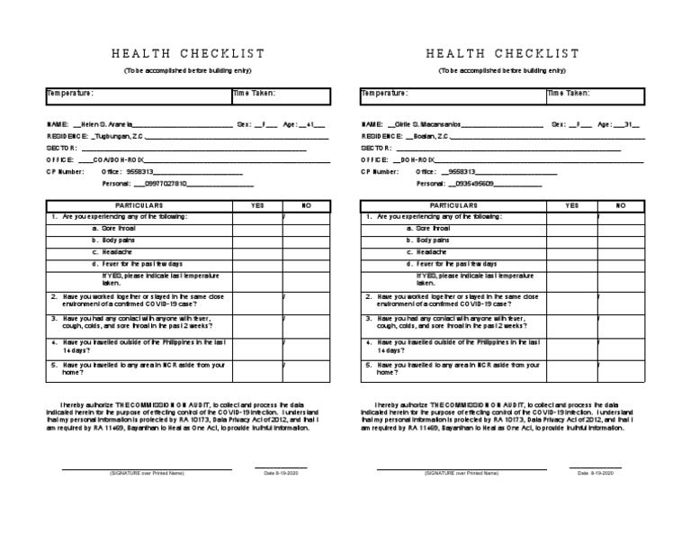 COVID-19 Health Checklist Form | PDF | Common Cold | Medical Specialties