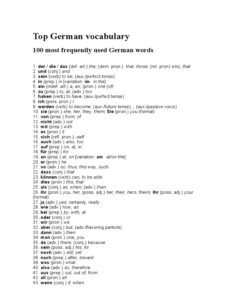 Essential German Vocabulary List | PDF | Linguistic Typology ...
