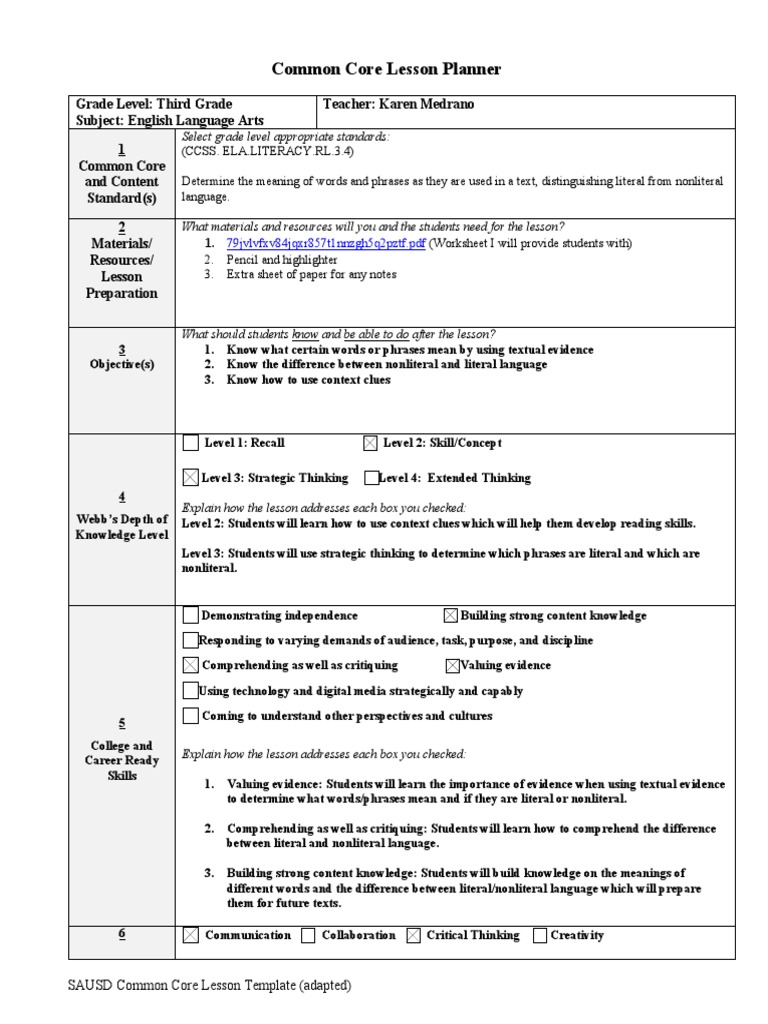 Third Grade ELA Common Core Lesson Plan | PDF | Critical Thinking ...