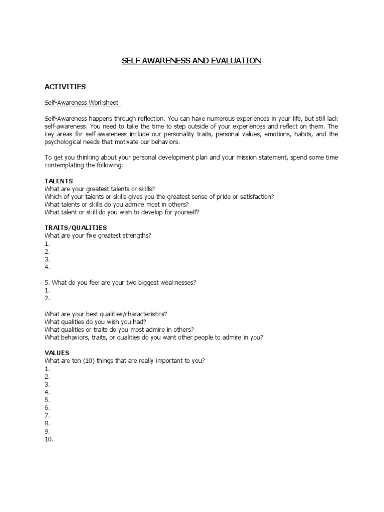 Self Awareness and Evaluation: Activities | PDF | Self Awareness ...