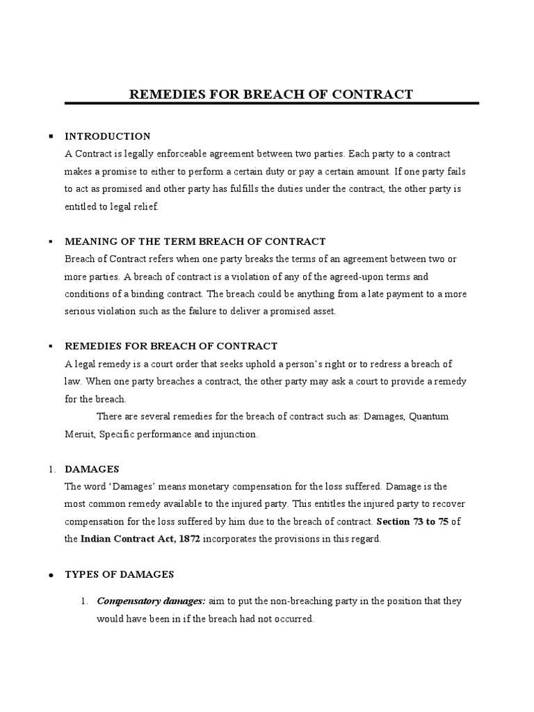 Remedies For Breach Of Contract Pdf Legal Remedy Damages