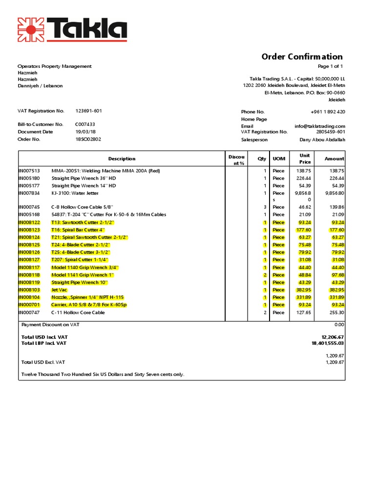 18SQ00148 Order Confirmation Operators | PDF | Business