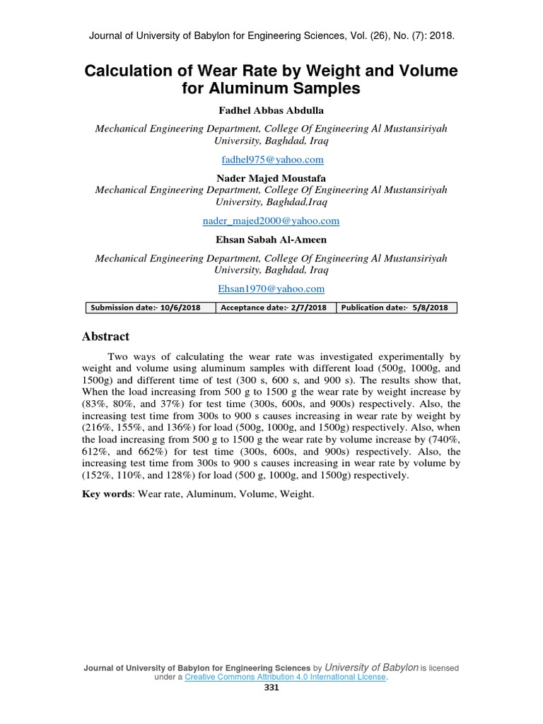 Calculation of Wear Rate by Weight and Volume For Aluminum Samples ...