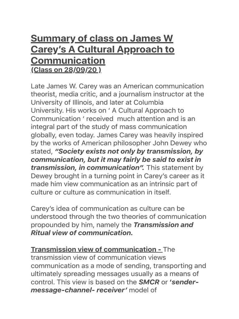 Carey’s Cultural Approach to Communication | PDF | Communication ...