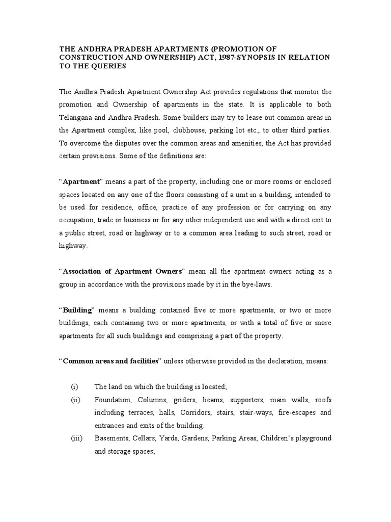 Apartments Act Note Pdf Apartment Property