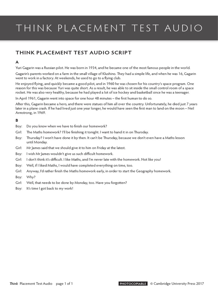 Think Placement Test Audio Transcript Final PDF | PDF