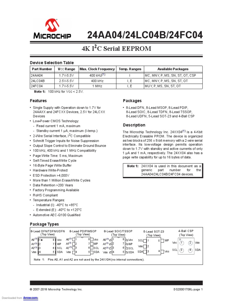 24AA04/24LC04B/24FC04: 4KI C Serial EEPROM | PDF | Bit | Byte
