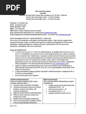 Mat 240 Syllabus Fall 2020 | PDF | Mean | Statistics
