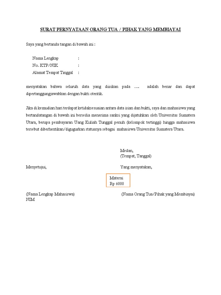 Surat Pernyataan Orang Tua Keringanan Ukt | PDF