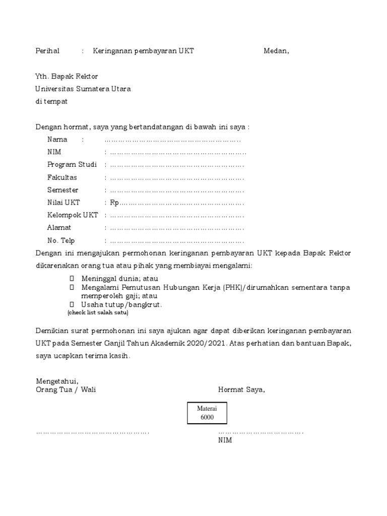 Surat Permohonan Keringanan UKT USU | PDF