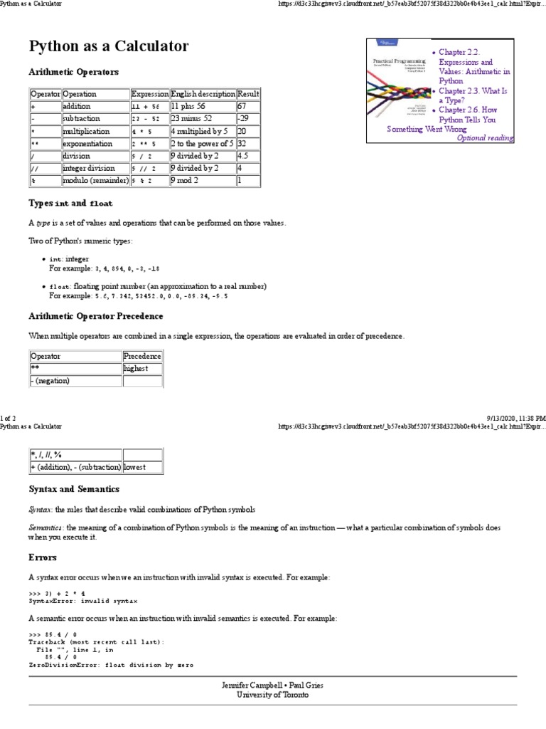 Python As A Calculator: Arithmetic Operators | PDF | Python ...