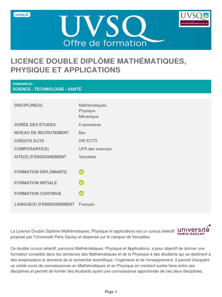 Licence Double Diplôme MathsPhysique PDF Physique Enseignement — free download
