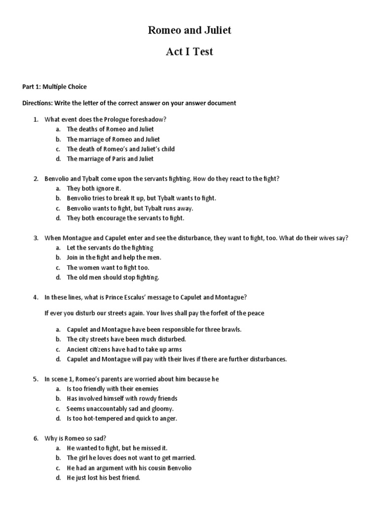 Romeo and Juliet Act One Test | PDF | Characters In Romeo And 