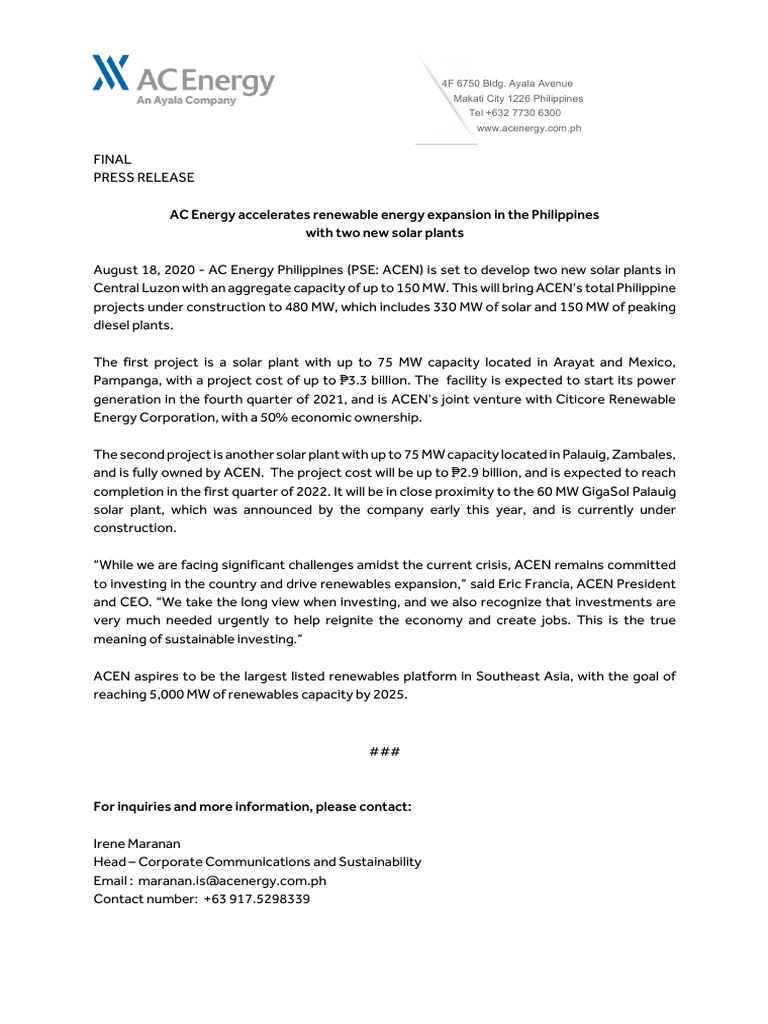 PR-ACEN Accelerates Renewable Energy Expansion in PH PDF | PDF