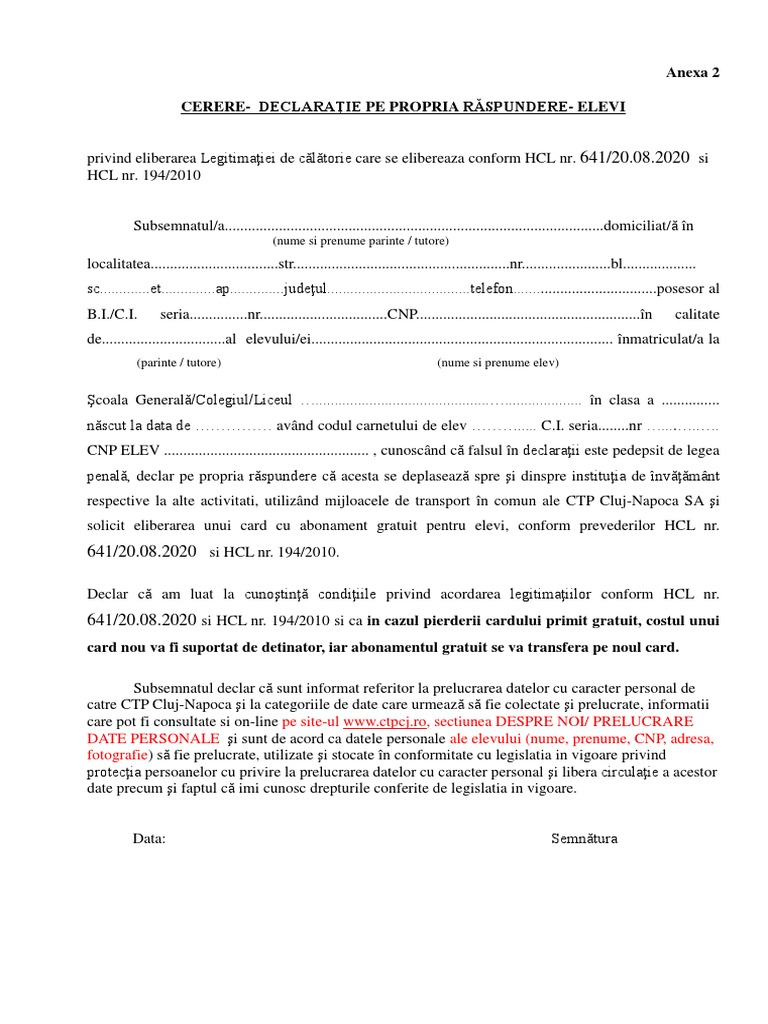 Cerere Emitere CARD ELEVI 09 2020 PDF | PDF