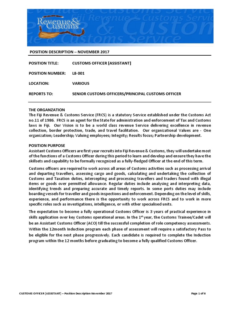 Customs Officer Assistant Position Overview | PDF | Customs | Tariff