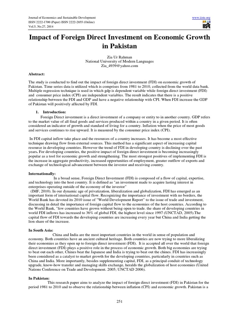 Impact of Foreign Direct Investment On Economic Growth in Pakistan ...