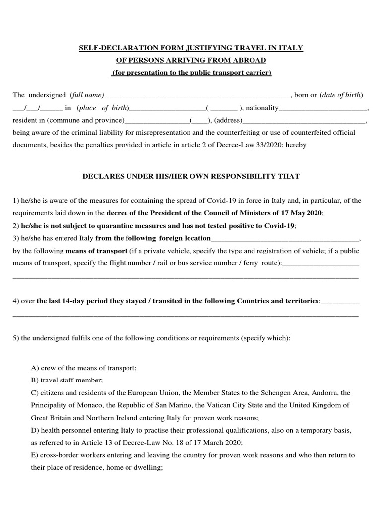 Travel Self-Declaration for Italy | PDF