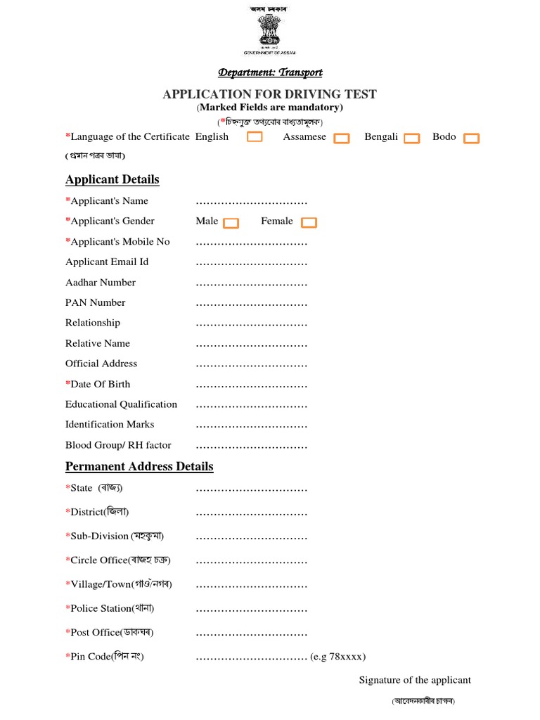 Driving Test Application Form | PDF | Driver's License | Land Transport
