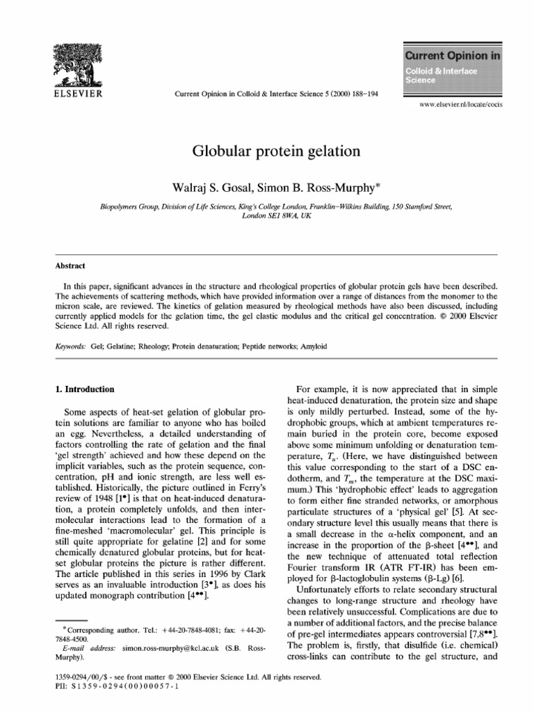 Globular Protein Gelation Walraj Gosal, Simon B. RossMurphy" PDF