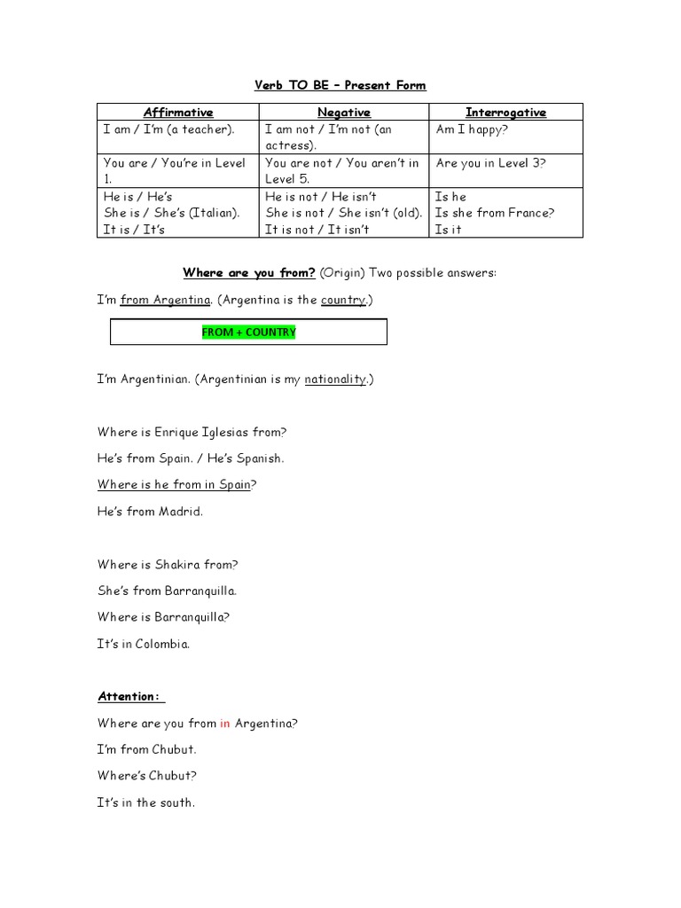 Verb TO BE - Present Form Affirmative Negative Interrogative | PDF