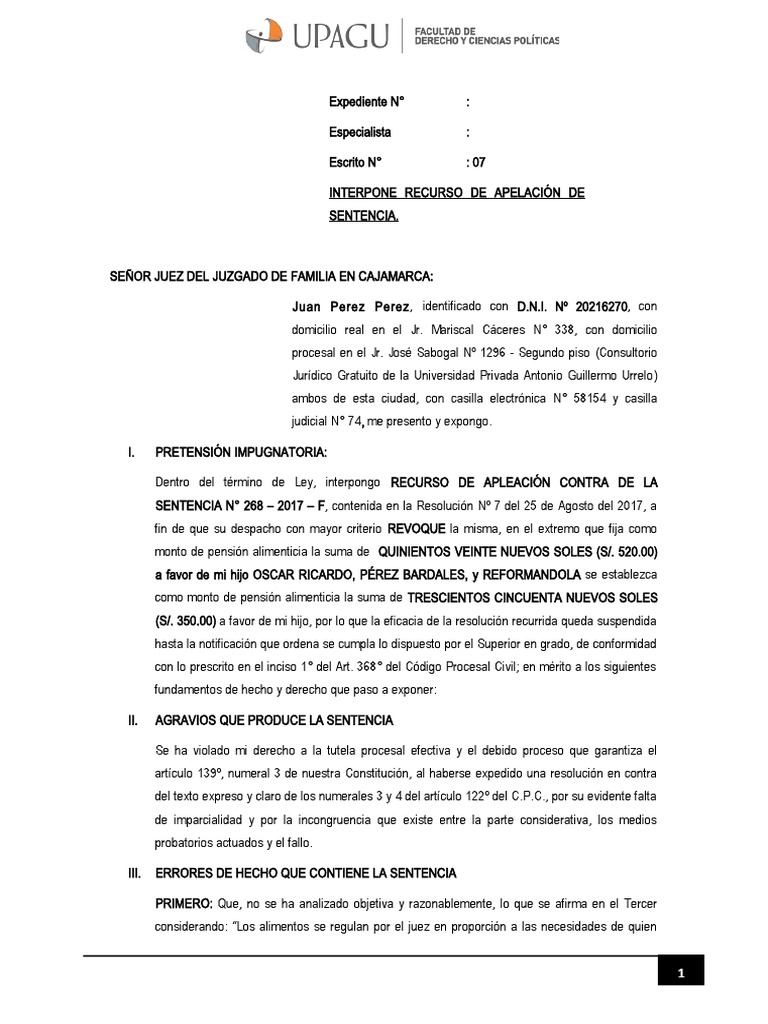 Apelacion de Sentencia Alimentos. PDF Sentencia (ley) Debido al