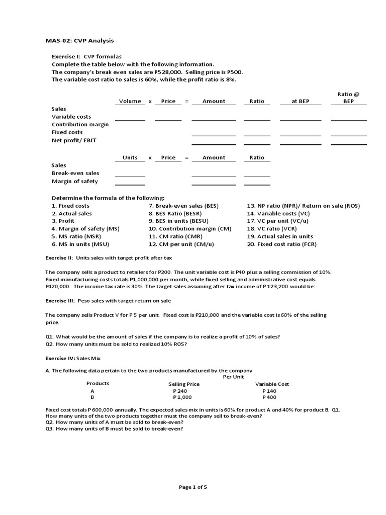 CVP Analysis Formulas and Exercises | PDF | Business Economics ...