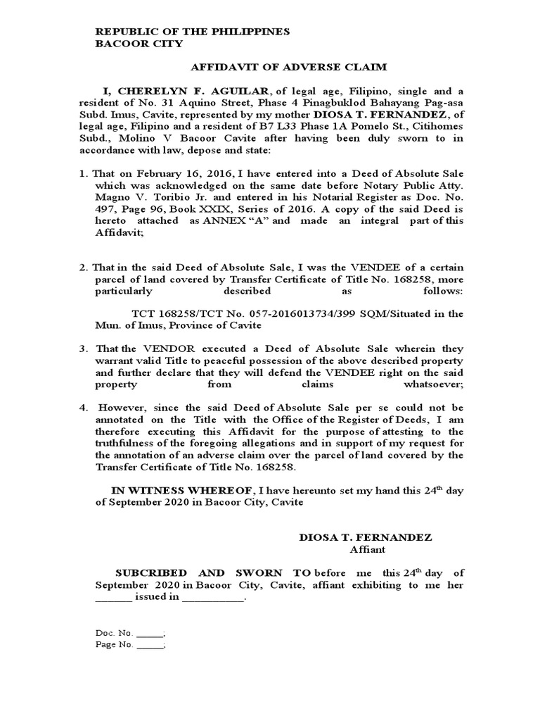 Affidavit of Adverse Claim on Property | PDF | Politics | Social Science