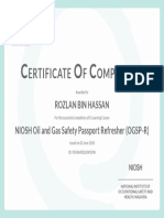 Ertificate F Ompletion: Rozlan Bin Hassan NIOSH Oil and Gas Safety Passport Refresher (OGSP-R)