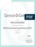 Ertificate F Ompletion: Mohd Alanim Bin Bidin NIOSH Oil and Gas Safety Passport Refresher (OGSP-R)