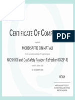 Ertificate F Ompletion: Mohd Saffie Bin Mat Ali NIOSH Oil and Gas Safety Passport Refresher (OGSP-R)