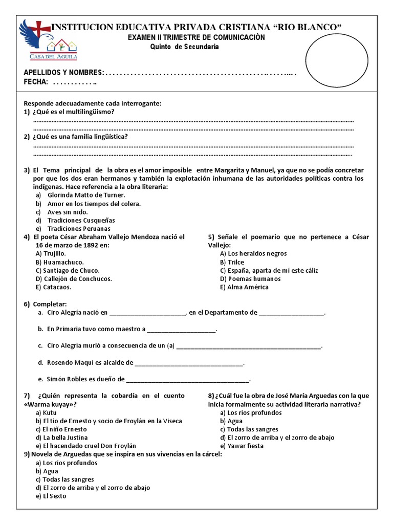 Examen de Lengua y Literatura 5to Año | PDF | Literatura en español ...