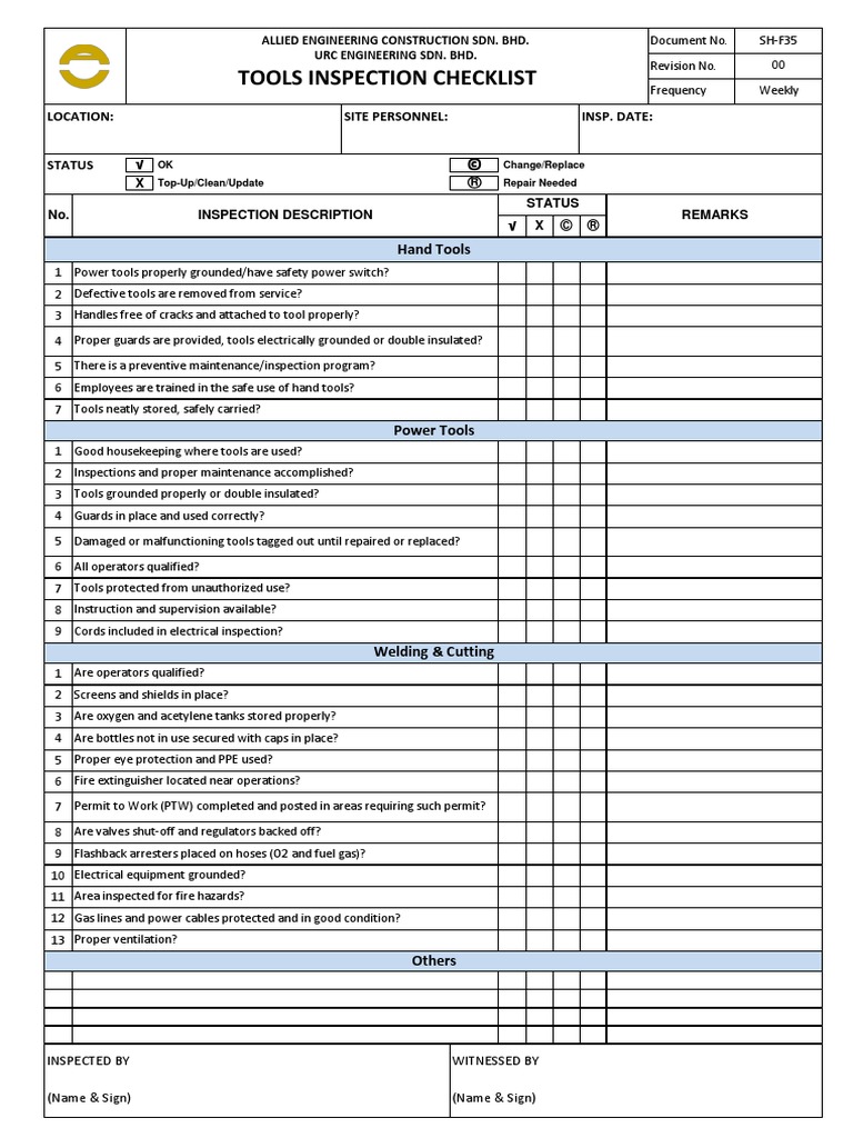 SH-F35 - Site Safety Inspection - Tools | PDF | Safety | Equipment