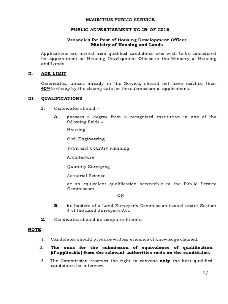 VacancyPost of Housing Development Officer PDF Government Business