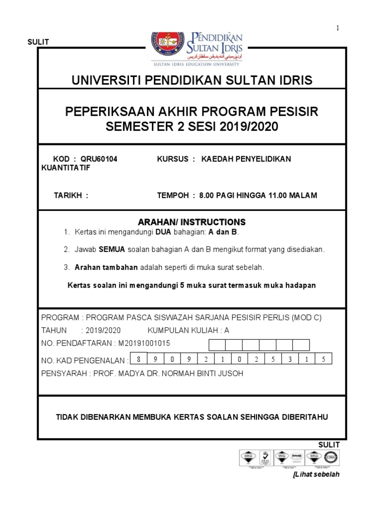 K00907 20200612223639 Final Exam Qru60104 Pesisir Perlis Student Version Pdf