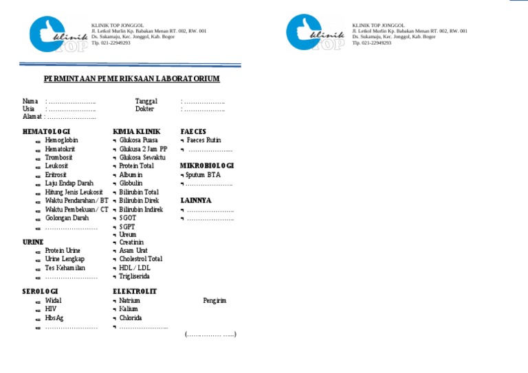 Permintaan Pemeriksaan Lab Klinik TOP Jonggol
