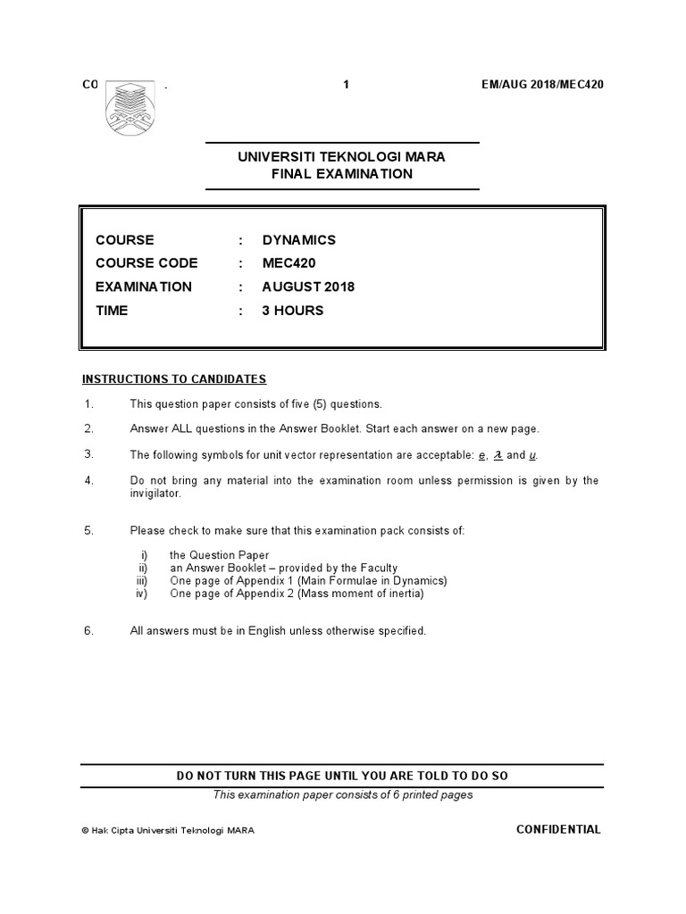 FINAL EXAM MEC420 Feb 2018 - SUPP | PDF | Rotation Around A Fixed Axis ...
