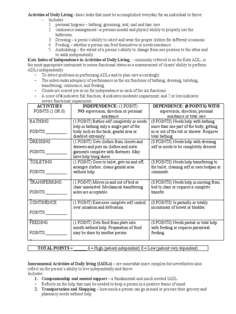 Assessing ADLs and IADLs for Independence | PDF | Medicine | Clothing