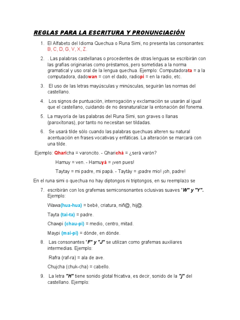 Reglas de Escritura y Pronunciación Quechua | PDF | Voz humana | Los ...