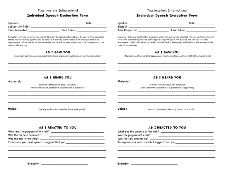 Toastmasters Speech Evaluation Form | PDF | Linguistics | Psychological ...