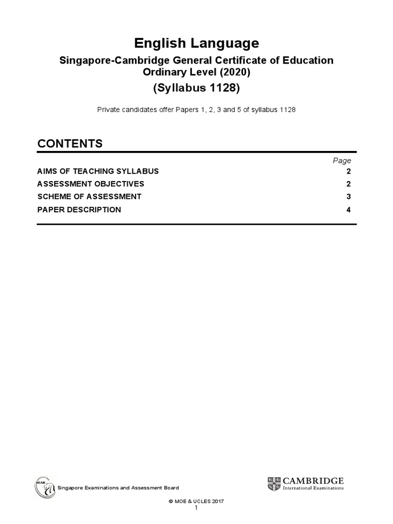 GCE O Level English (1128) Syllabus PDF PDF English Language