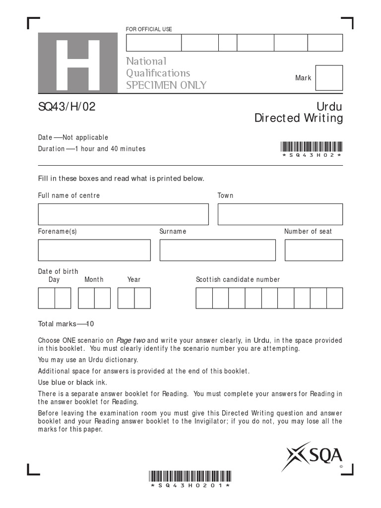 Urdu Directed Writing SQ43/H/02 National Quali Cations Specimen Only PDF Verb Grammatical