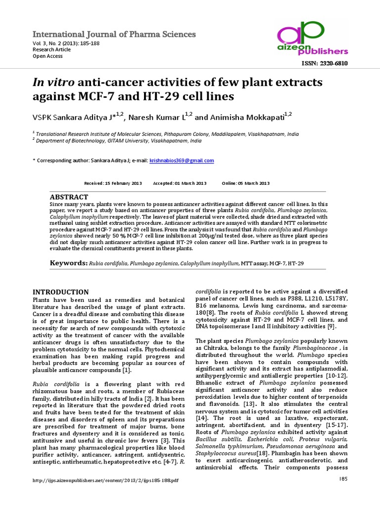 In Vitro Anticancer Activities of Few Plant Extracts Against MCF7 and ...