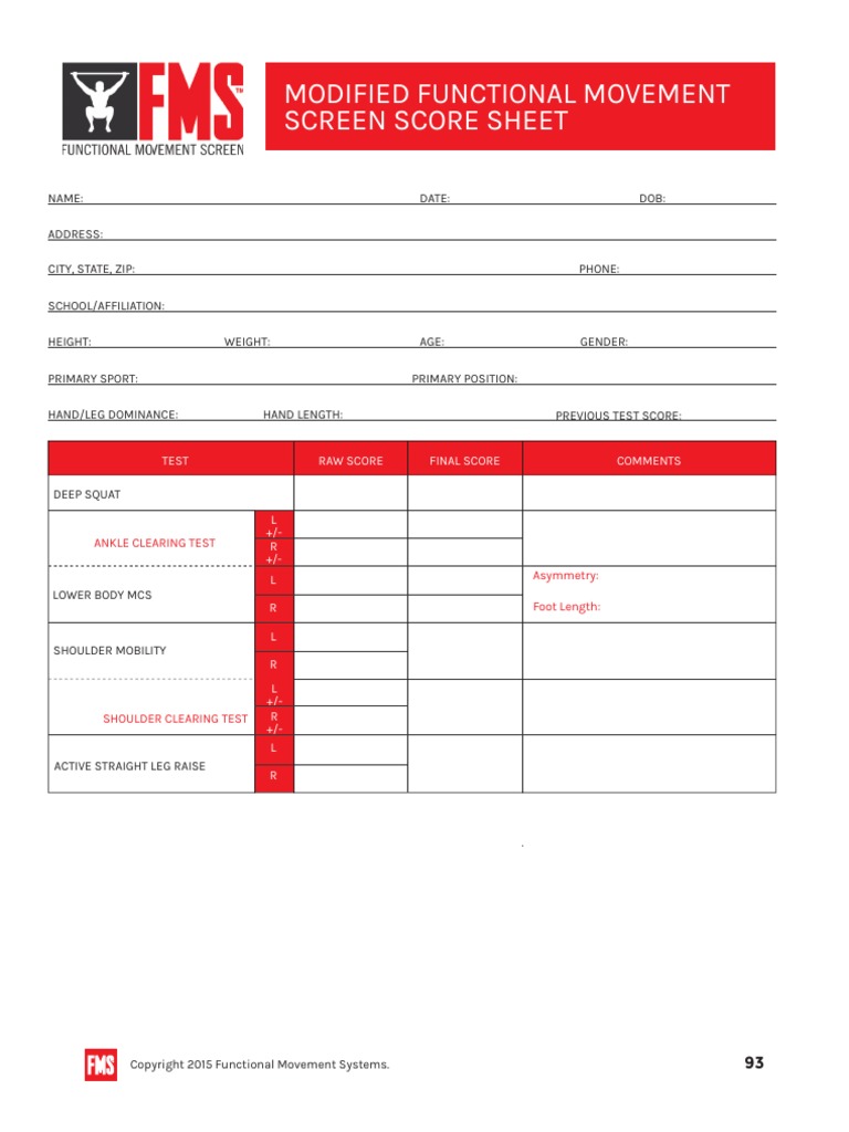 Modified Functional Movement Screen Score Sheet: Test Raw Score Final ...