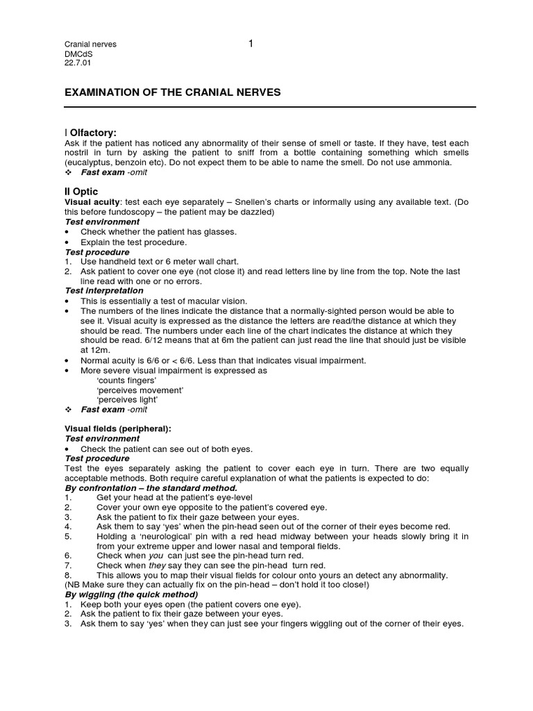 Examination of The Cranial Nerves: I Olfactory | PDF | Visual Acuity ...