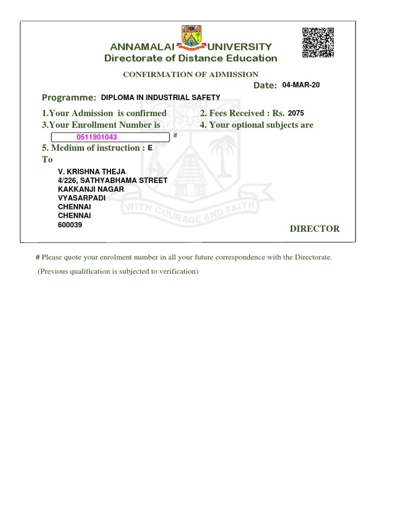 Annamalai University Directorate of Distance Education Date: Programme ...