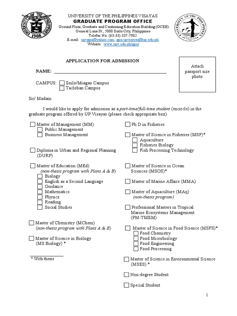 UP Visayas Graduate Program Admission Form | PDF | Academia | Learning