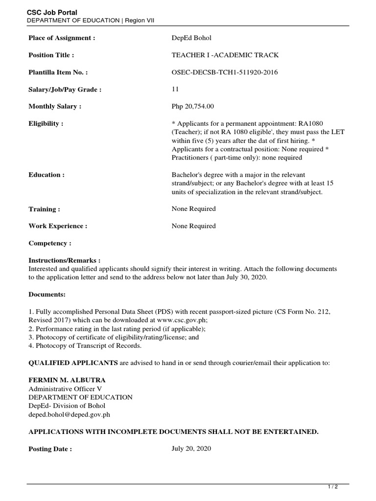 CSC Job Portal Department of Education Region Vii PDF Learning