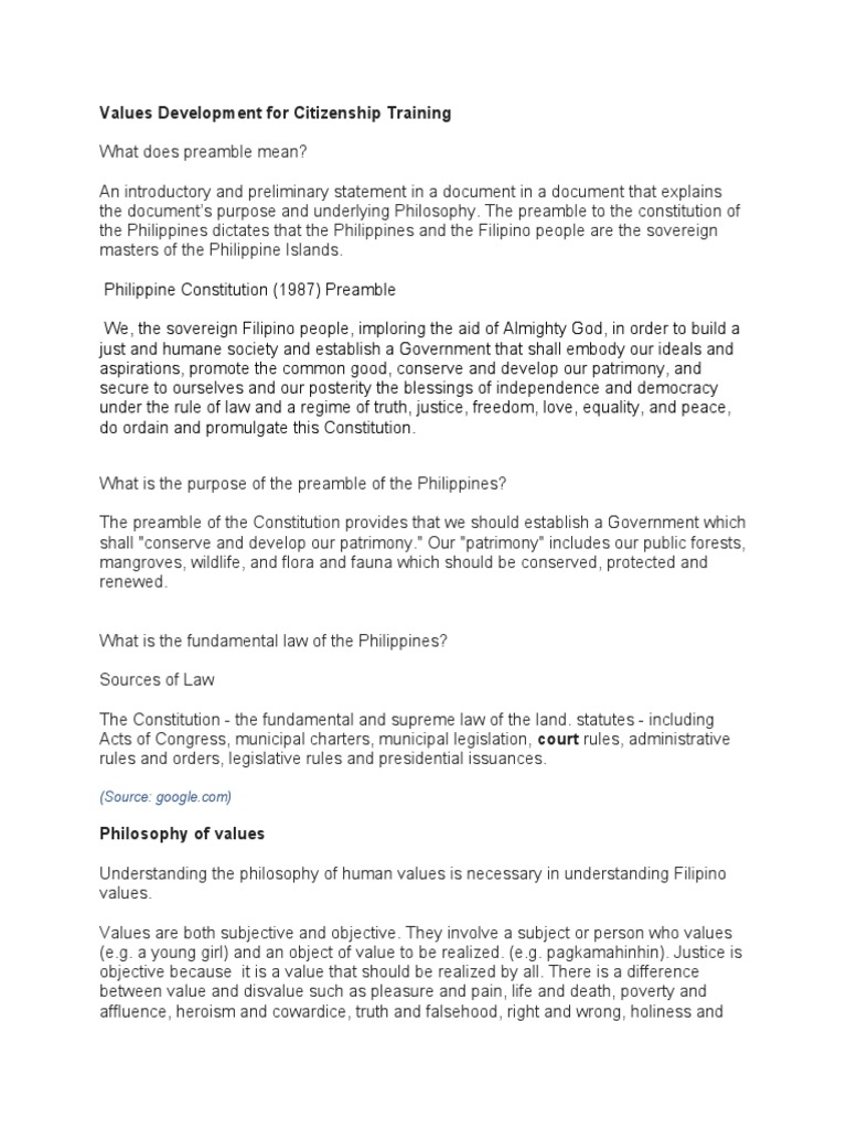 Values Development For Citizenship Training | PDF | Constitution | Family