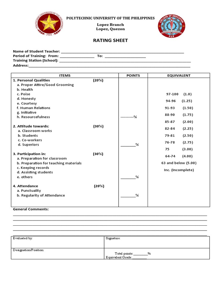 Rating Sheet: Polytechnic University of The Philippines | PDF ...